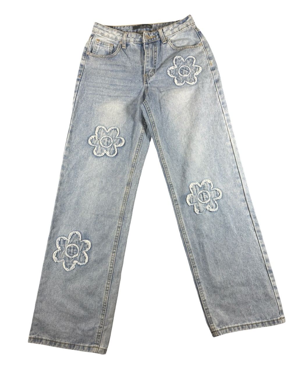 Cali 1850 Blue Denim‎ Jeans Women 5/27 Size Flower patch straight leg light wash